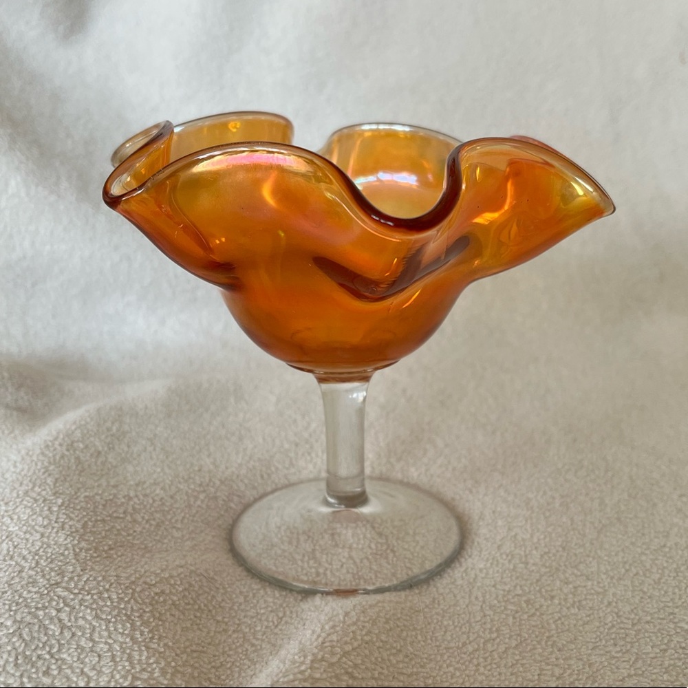 Vintage Carnival Glass ruffled pedestal bowl